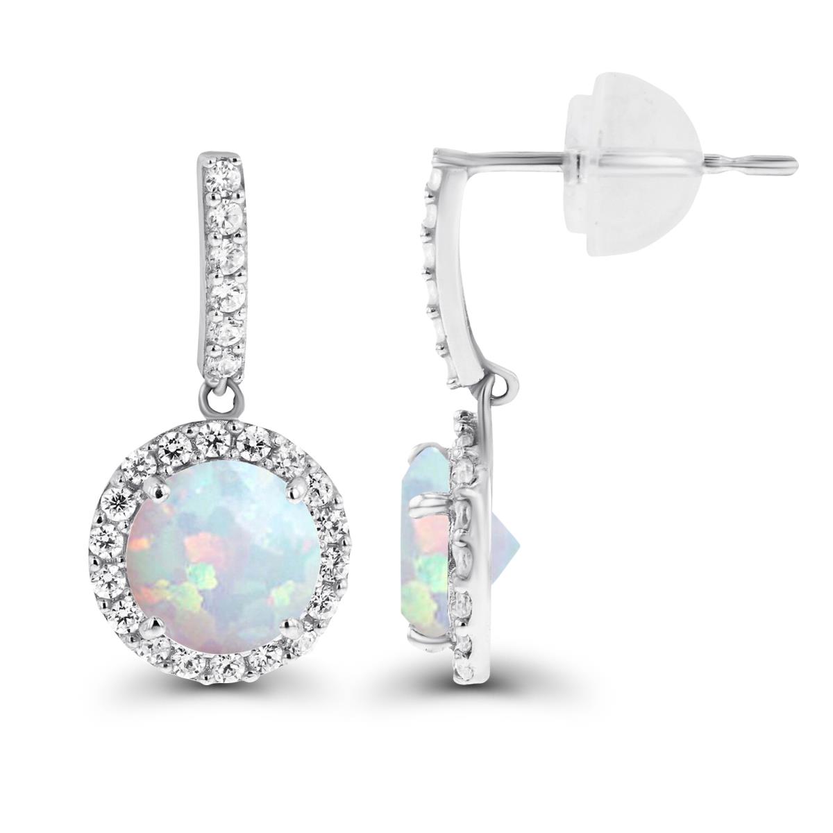 14K White Gold Dangling 6mm Created Opal & Created White Sapphire Halo Earring with Silicone Back