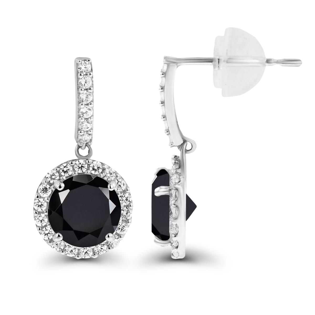14K White Gold Dangling 6mm Onyx & Created White Sapphire Halo Earring with Silicone Back