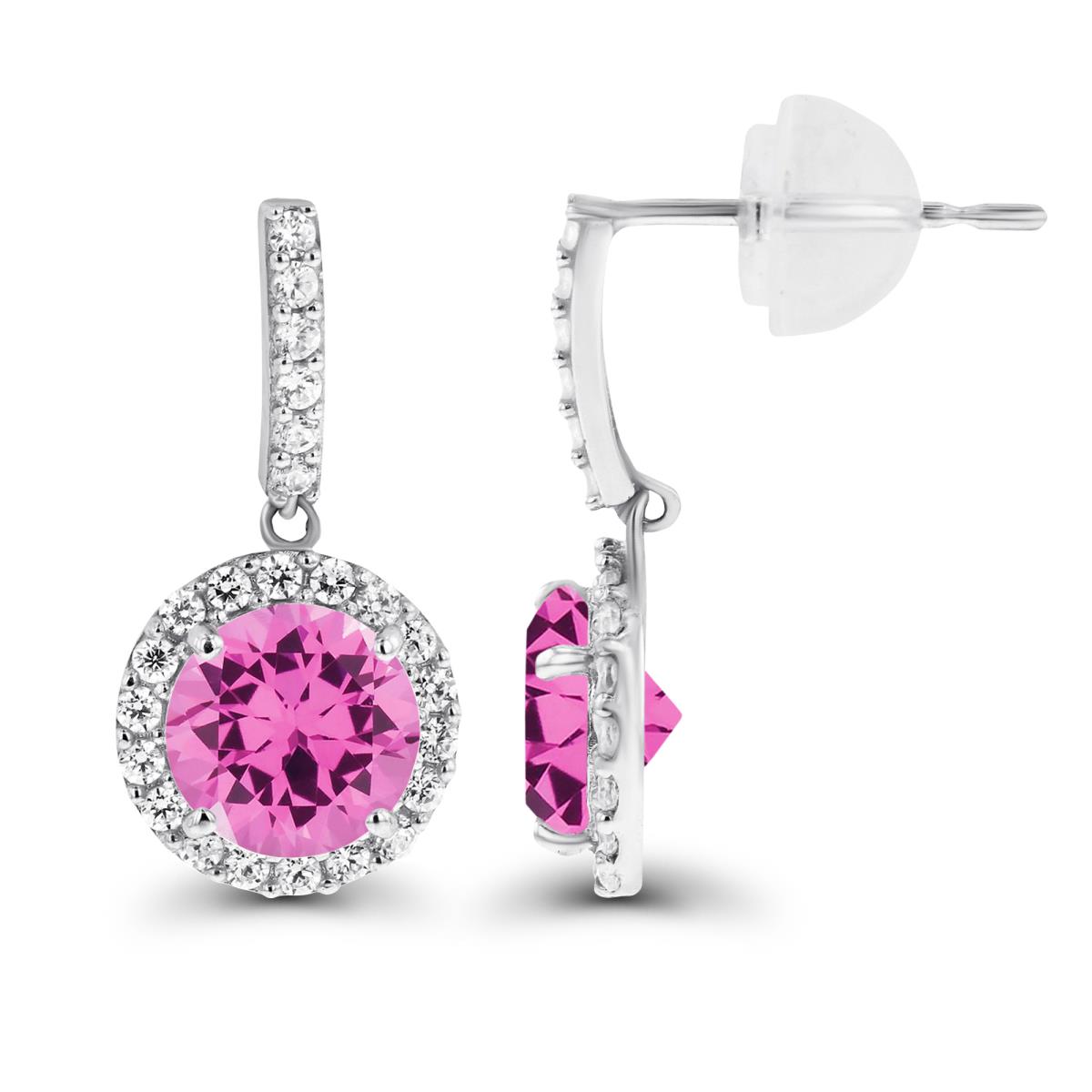 14K White Gold Dangling 6mm Created Pink Sapphire & Created White Sapphire Halo Earring with Silicone Back