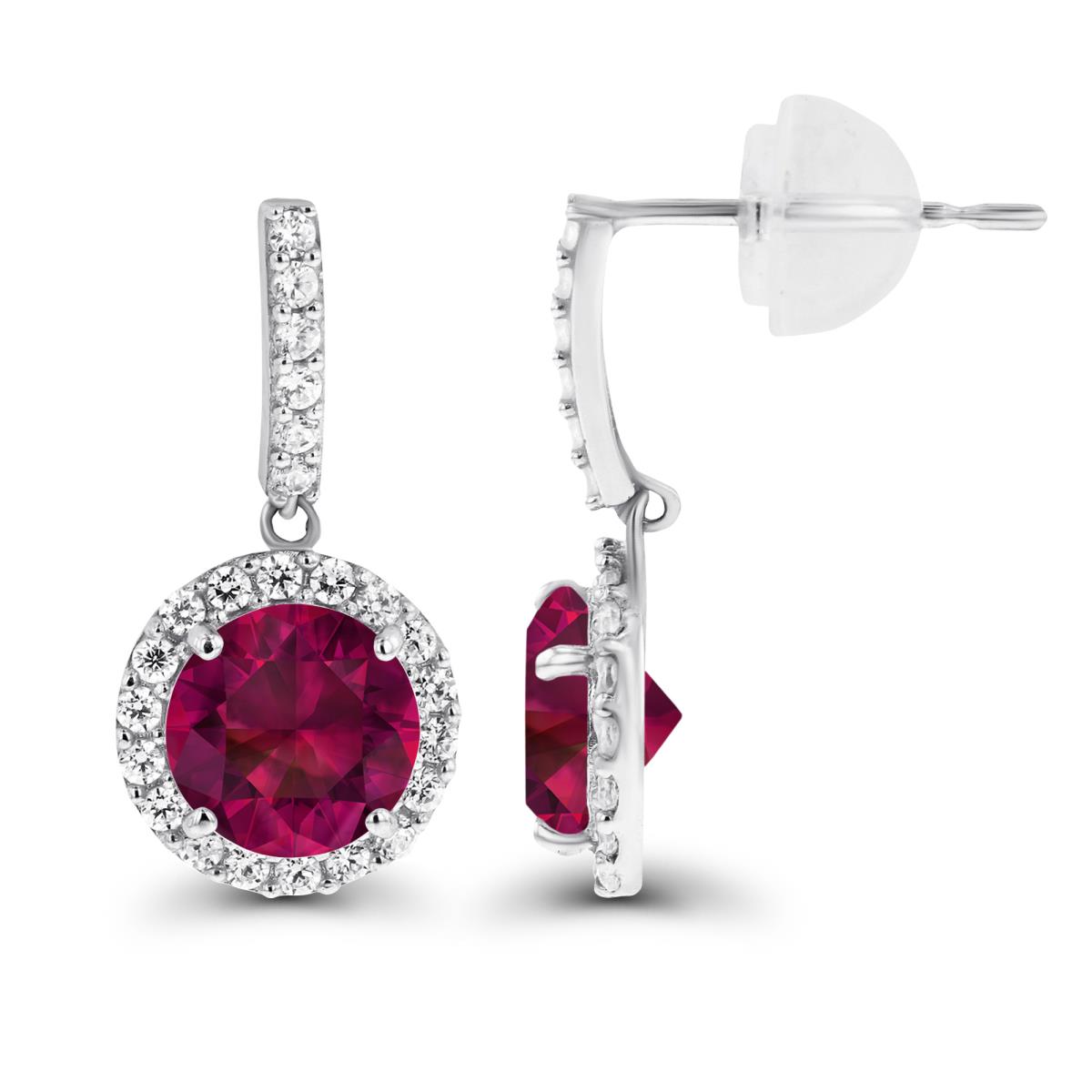 14K White Gold Dangling 6mm Created Ruby & Created White Sapphire Halo Earring with Silicone Back