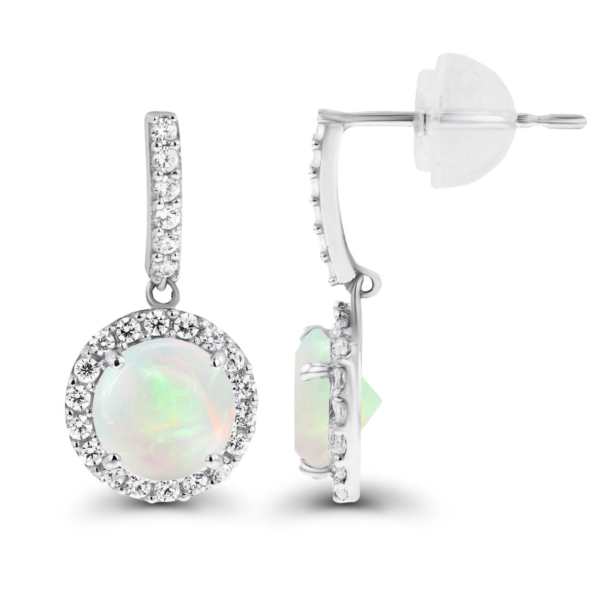 14K White Gold Dangling 6mm Opal & Created White Sapphire Halo Earring with Silicone Back