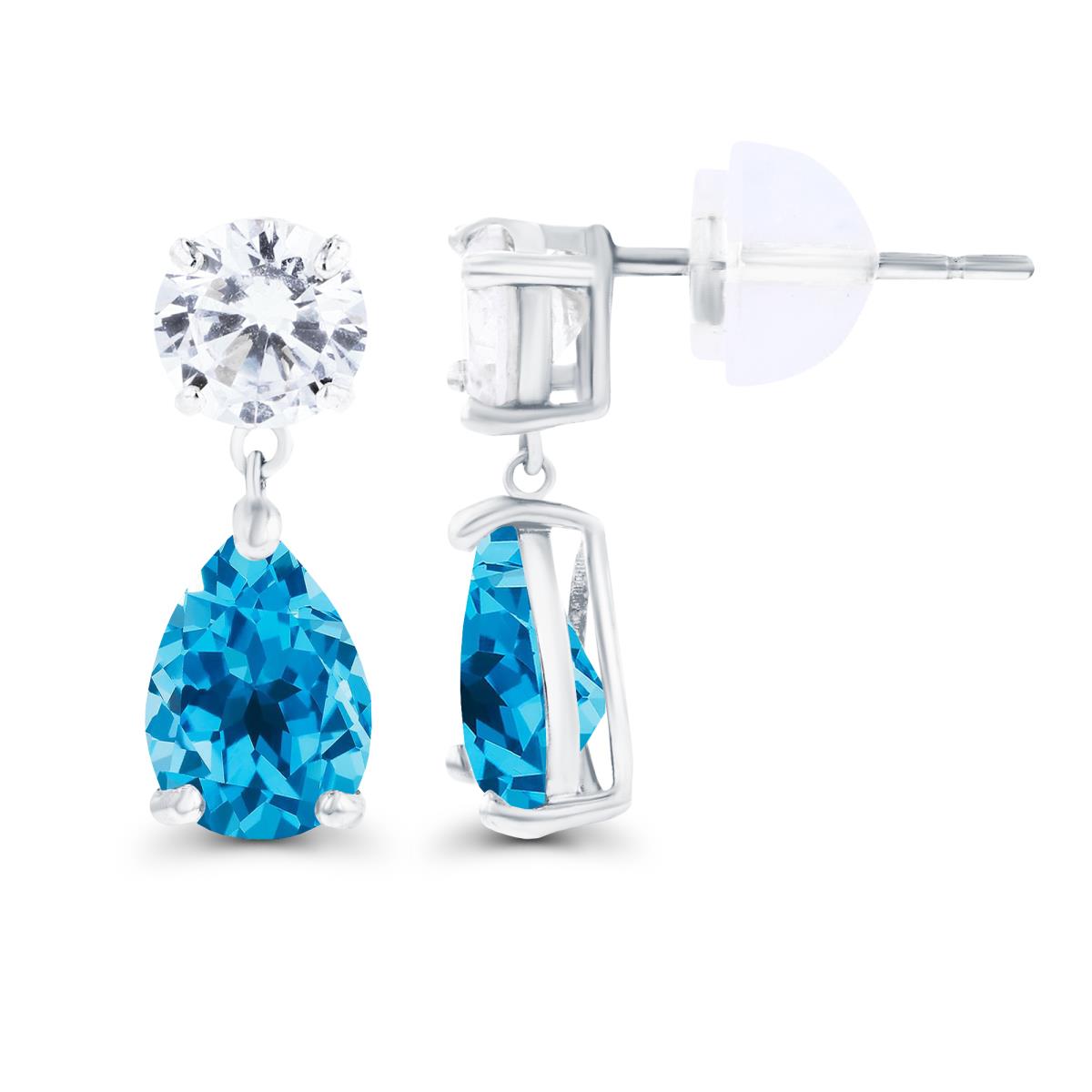 14K White Gold 6x4mm Pear Swiss Blue Topaz & 4.5mm Round Created White Sapphire Earrings with Silicon Backs