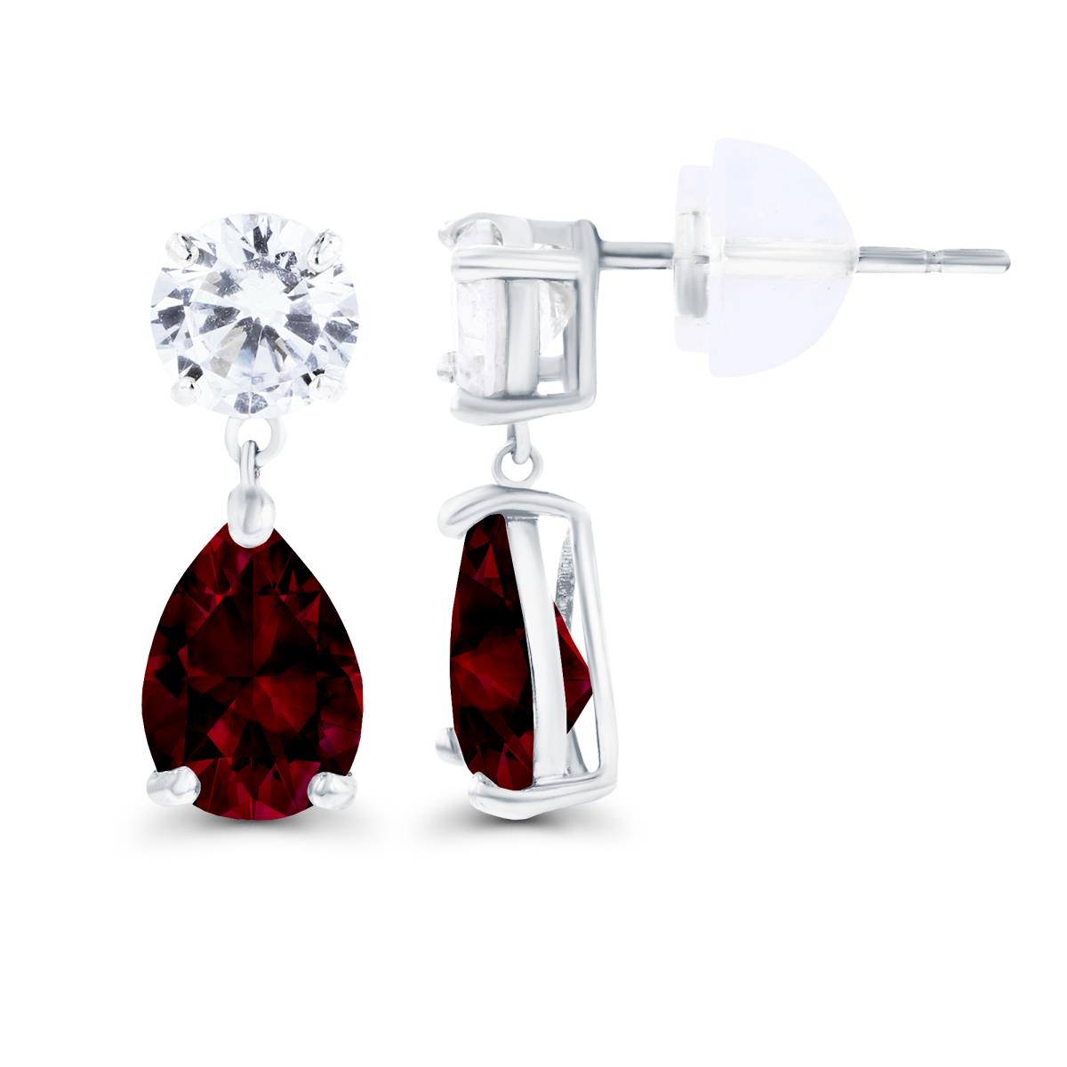14K White Gold 6x4mm Pear Garnet & 4.5mm Round Created White Sapphire Earrings with Silicon Backs