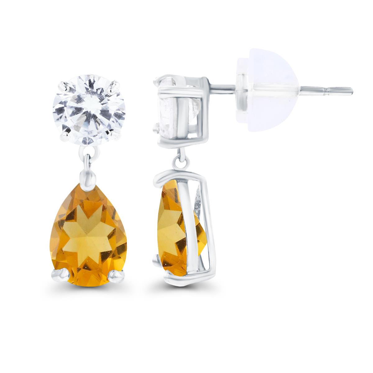 14K White Gold 6x4mm Pear Citrine & 4.5mm Round Created White Sapphire Earrings with Silicon Backs