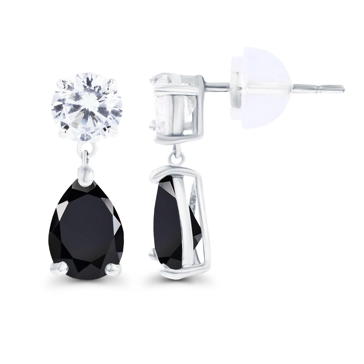 14K White Gold 6x4mm Pear Onyx & 4.5mm Round Created White Sapphire Earrings with Silicon Backs