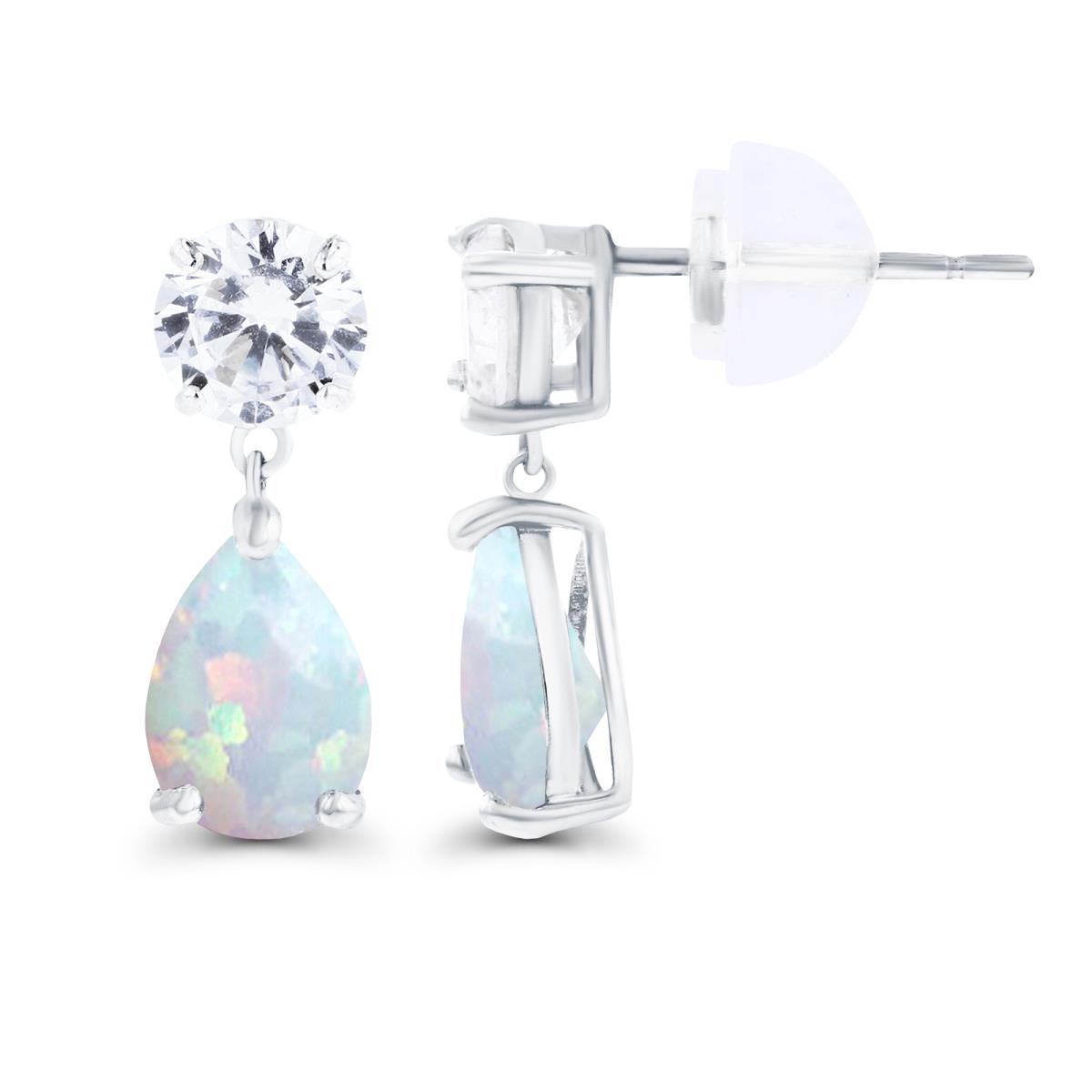 14K White Gold 6x4mm Pear Created Opal & 4.5mm Round Created White Sapphire Earrings with Silicon Backs