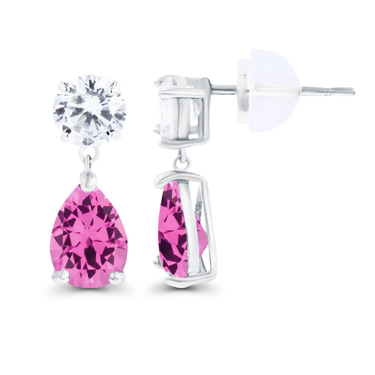 14K White Gold 6x4mm Pear Created Pink Sapphire & 4.5mm Round Created White Sapphire Earrings with Silicon Backs