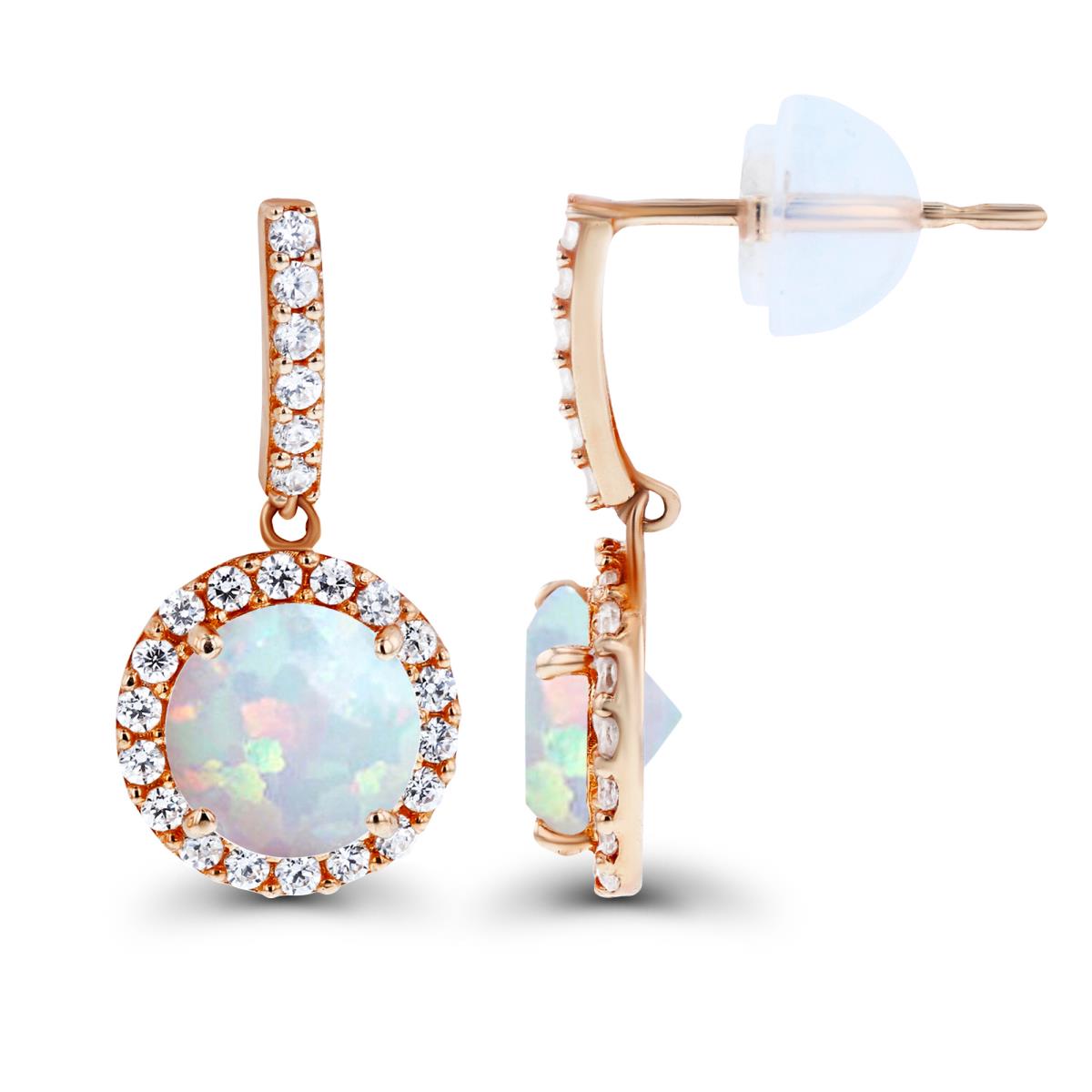 14K Rose Gold Dangling 6mm Created Opal & Created White Sapphire Halo Earring with Silicone Back