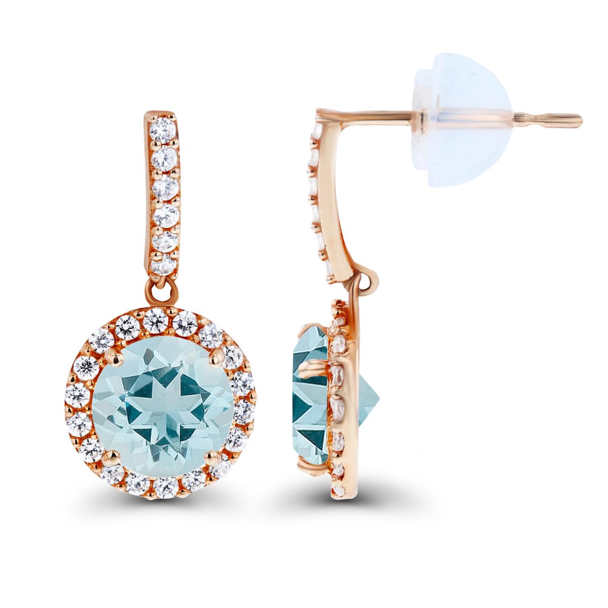 14K Rose Gold Dangling 6mm Aquamarine & Created White Sapphire Halo Earring with Silicone Back