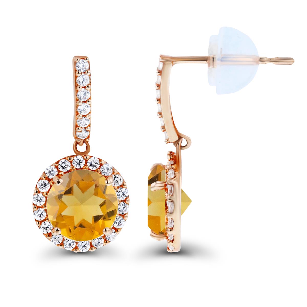 14K Rose Gold Dangling 6mm Citrine & Created White Sapphire Halo Earring with Silicone Back