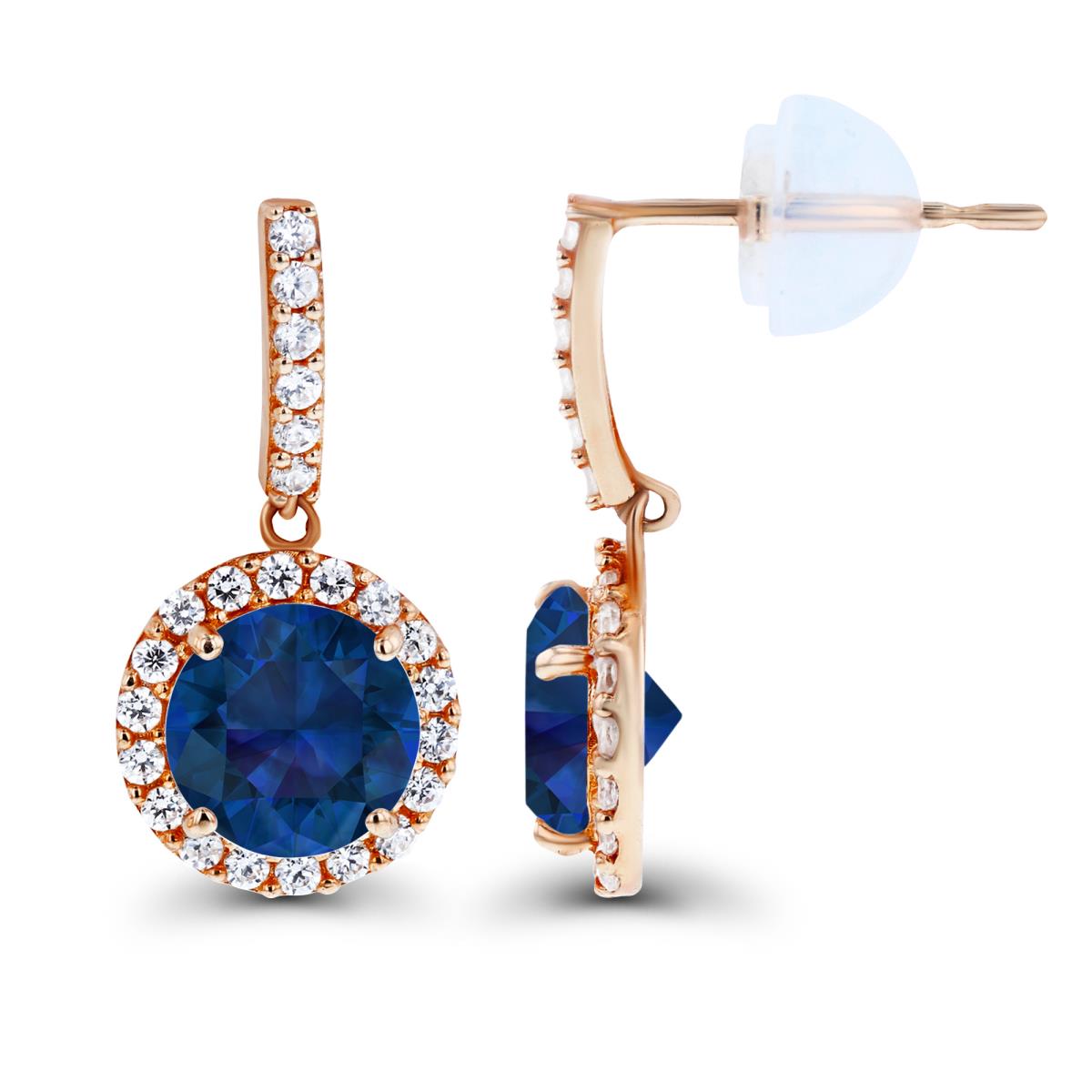 14K Rose Gold Dangling 6mm Created Blue Sapphire & Created White Sapphire Halo Earring with Silicone Back