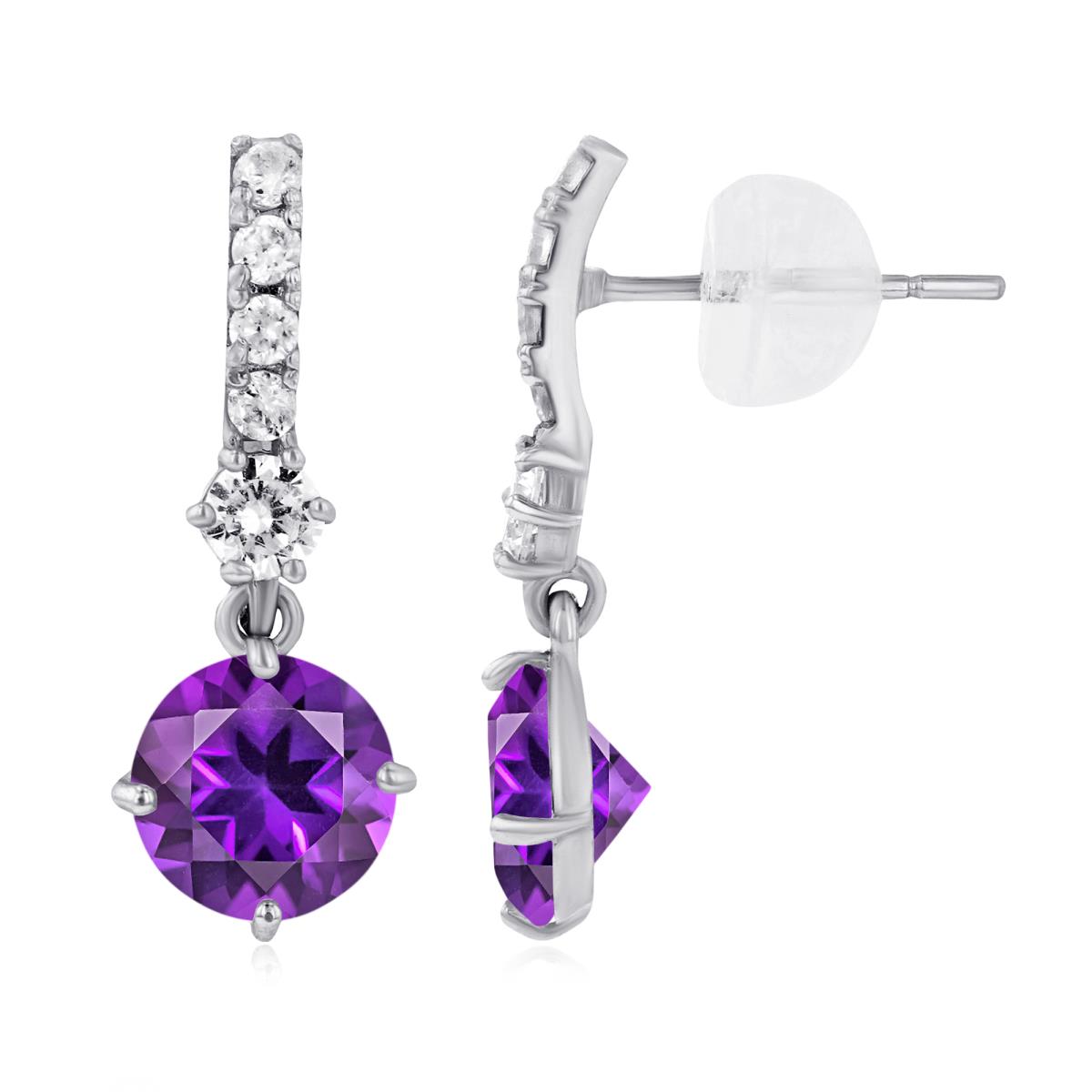 14K White Gold 6mm Amethyst & Created White Sapphire Bridal Dangling Earring with Silicone Back