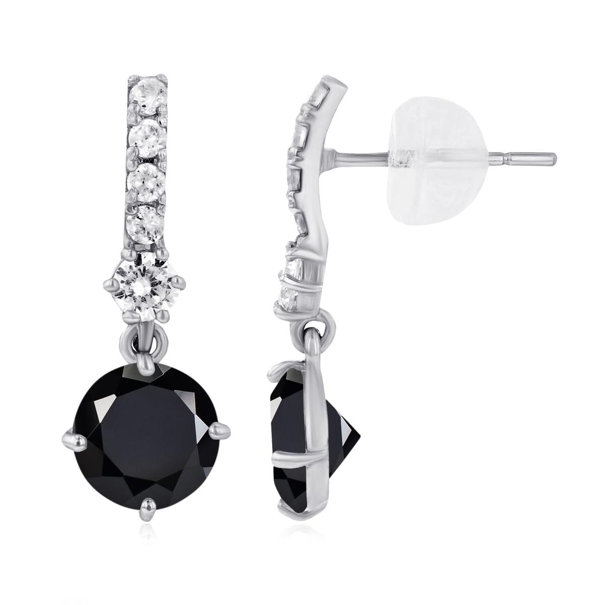 14K White Gold 6mm Onyx & Created White Sapphire Bridal Dangling Earring with Silicone Back