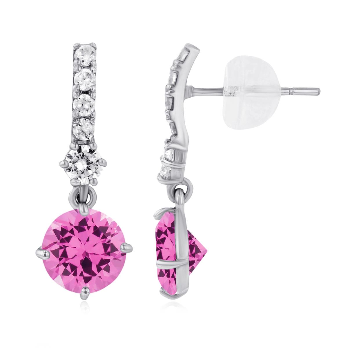 14K White Gold 6mm Created Pink Sapphire & Created White Sapphire Bridal Dangling Earring with Silicone Back