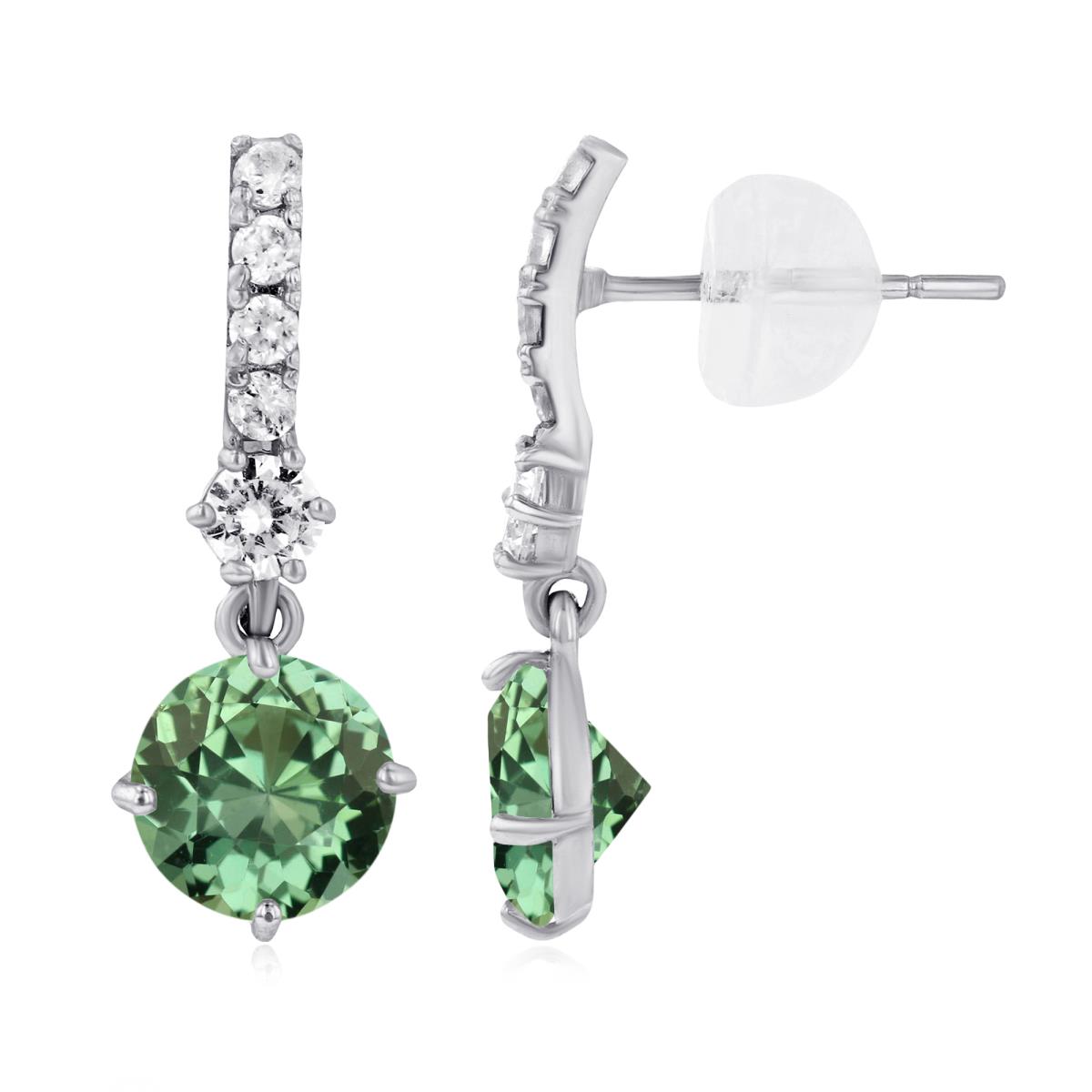 14K White Gold 6mm Created Green Sapphire & Created White Sapphire Bridal Dangling Earring with Silicone Back