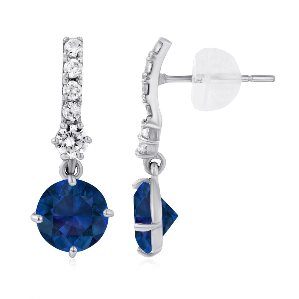14K White Gold 6mm Created Blue Sapphire & Created White Sapphire Bridal Dangling Earring with Silicone Back