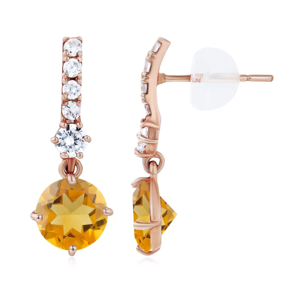 14K Rose Gold 6mm Citrine & Created White Sapphire Bridal Dangling Earring with Silicone Back