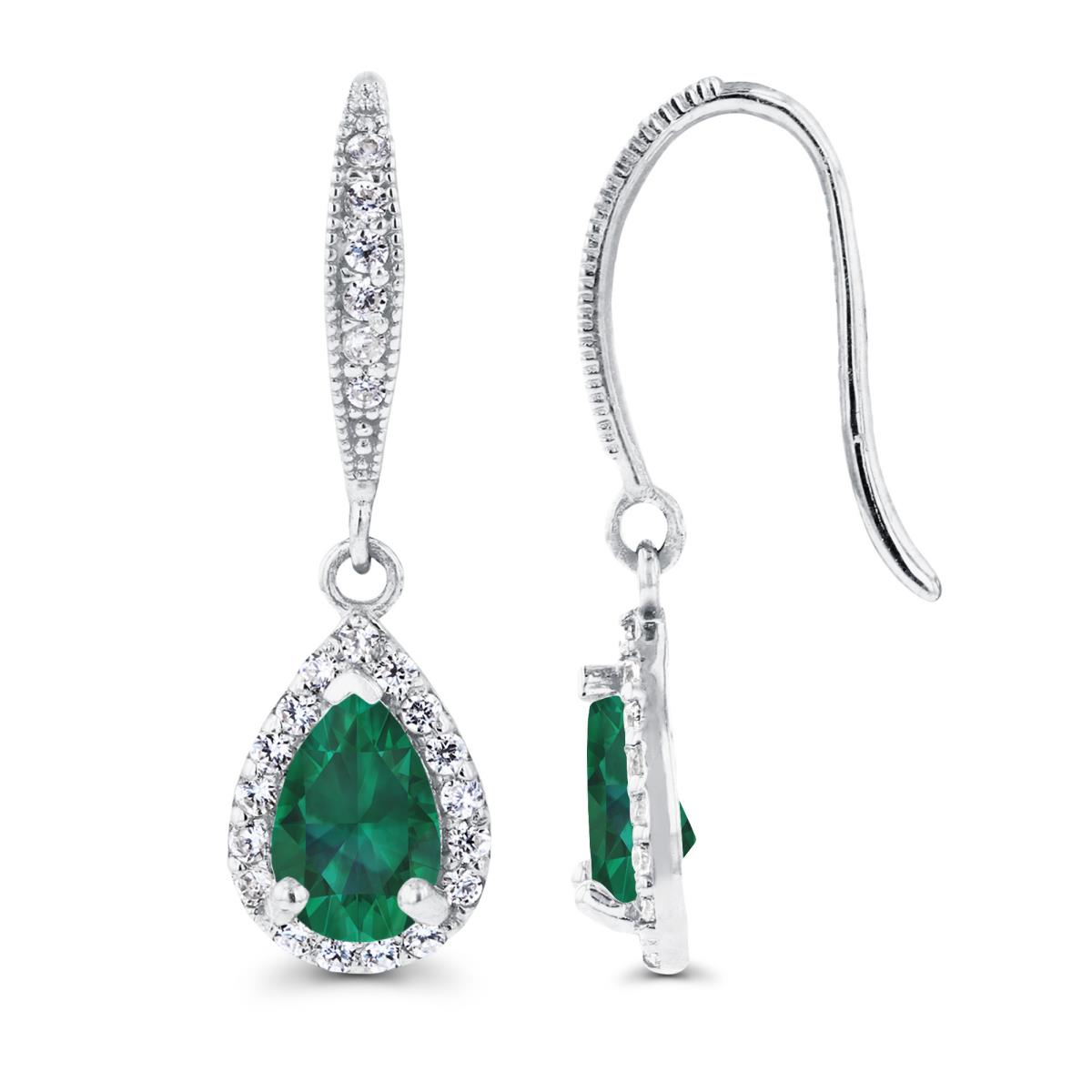 14K White Gold 6x4mm Pear Created Emerald & Created White Sapphire Halo Fishhook Earring