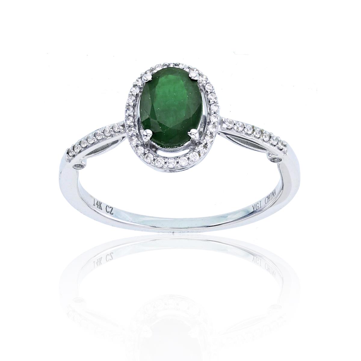 14K White Gold 0.14cttw Rnd Diamonds & 7x5mm Ov Emerald Halo Ring