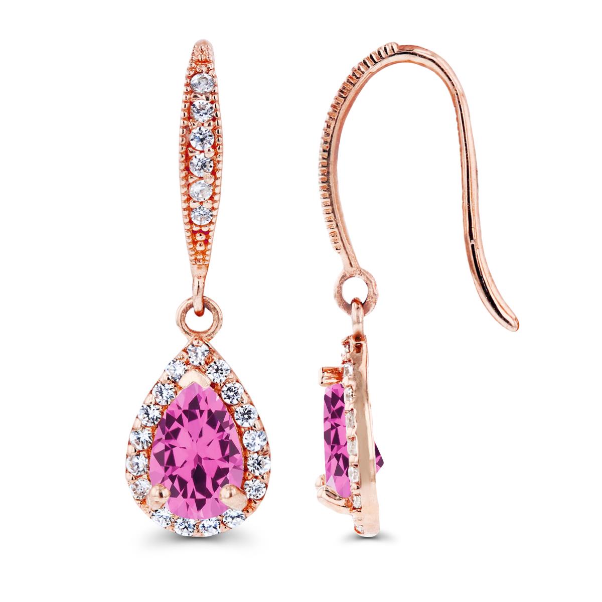 14K Rose Gold 6x4mm Pear Created Pink Sapphire & Created White Sapphire Halo Fishhook Earring