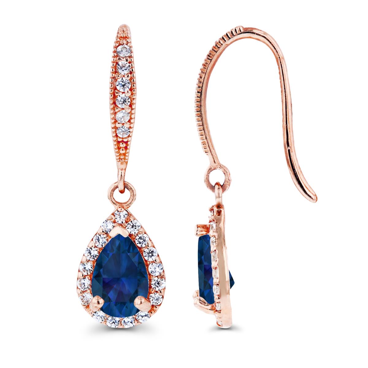 14K Rose Gold 6x4mm Pear Created Blue Sapphire & Created White Sapphire Halo Fishhook Earring