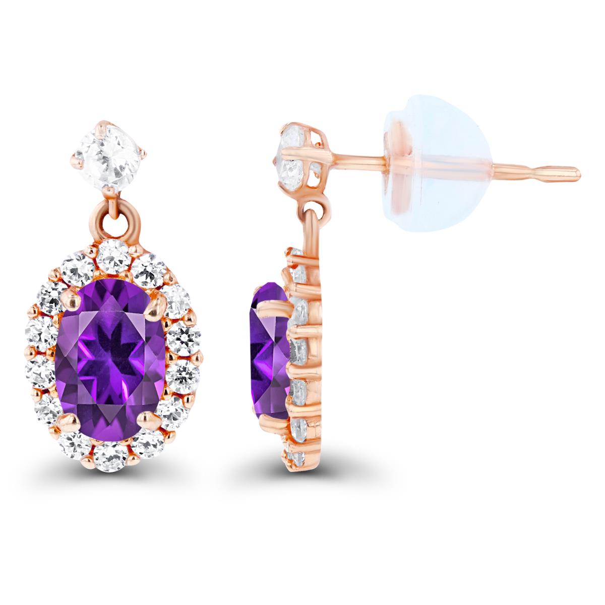 14K Rose Gold 6x4mm Oval Amethyst & Created White Sapphire Halo Dangling Earring with Silicone Back