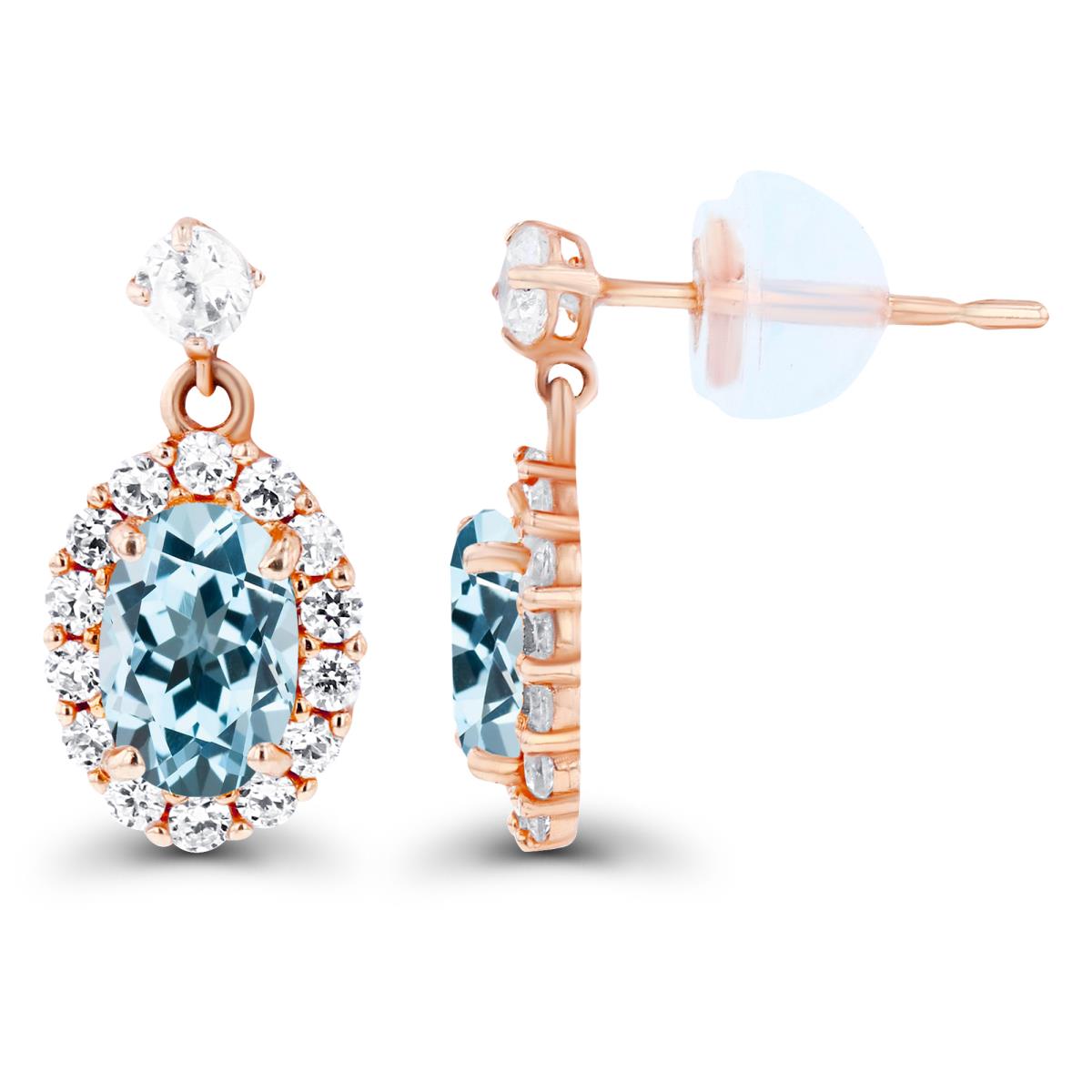 14K Rose Gold 6x4mm Oval Sky Blue Topaz & Created White Sapphire Halo Dangling Earring with Silicone Back