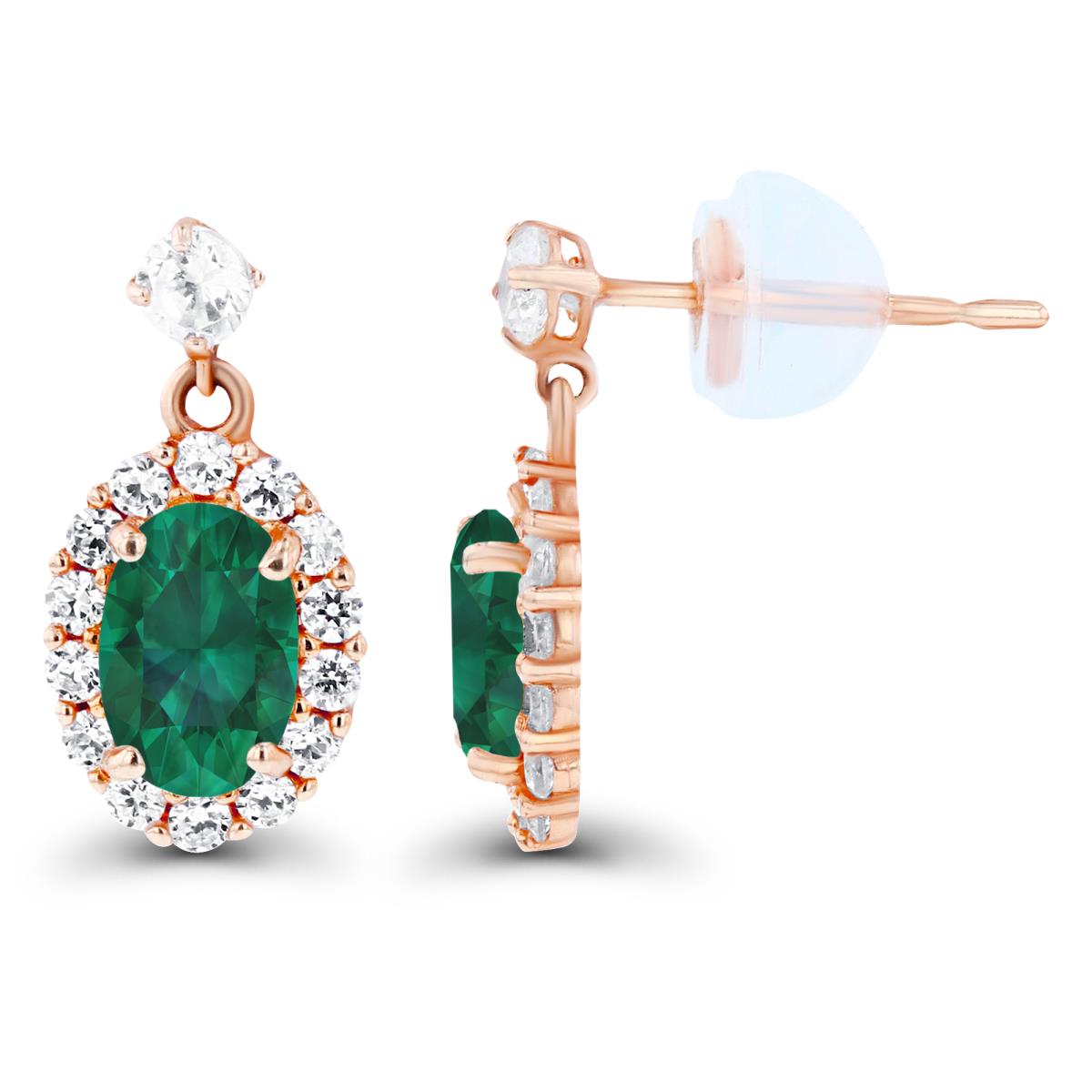 14K Rose Gold 6x4mm Oval Created Emerald & Created White Sapphire Halo Dangling Earring with Silicone Back