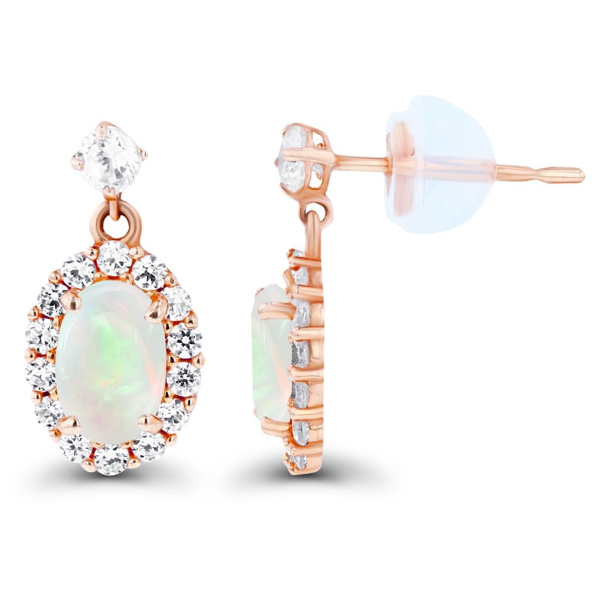 14K Rose Gold 6x4mm Oval Opal & Created White Sapphire Halo Dangling Earring with Silicone Back