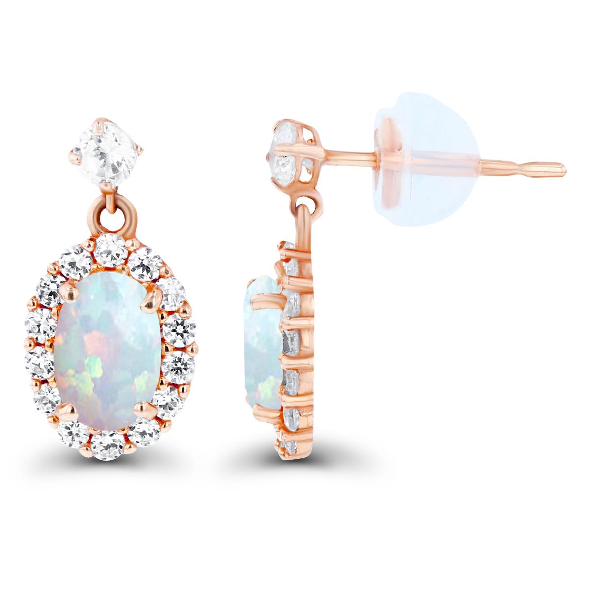 14K Rose Gold 6x4mm Oval Created Opal & Created White Sapphire Halo Dangling Earring with Silicone Back