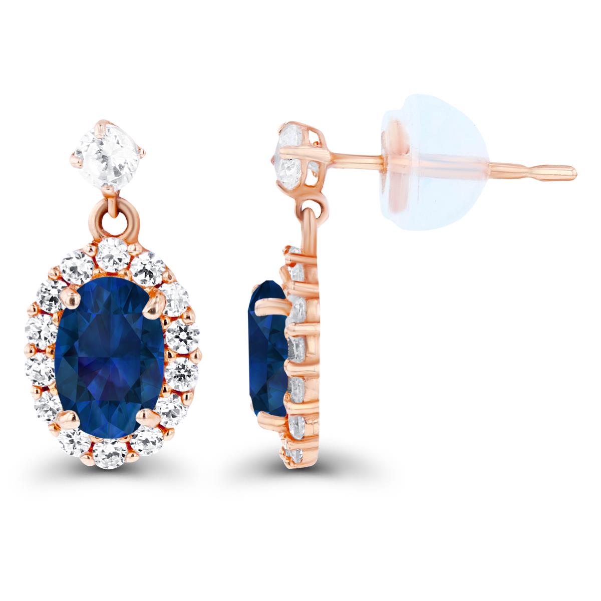 14K Rose Gold 6x4mm Oval Created Blue Sapphire & Created White Sapphire Halo Dangling Earring with Silicone Back