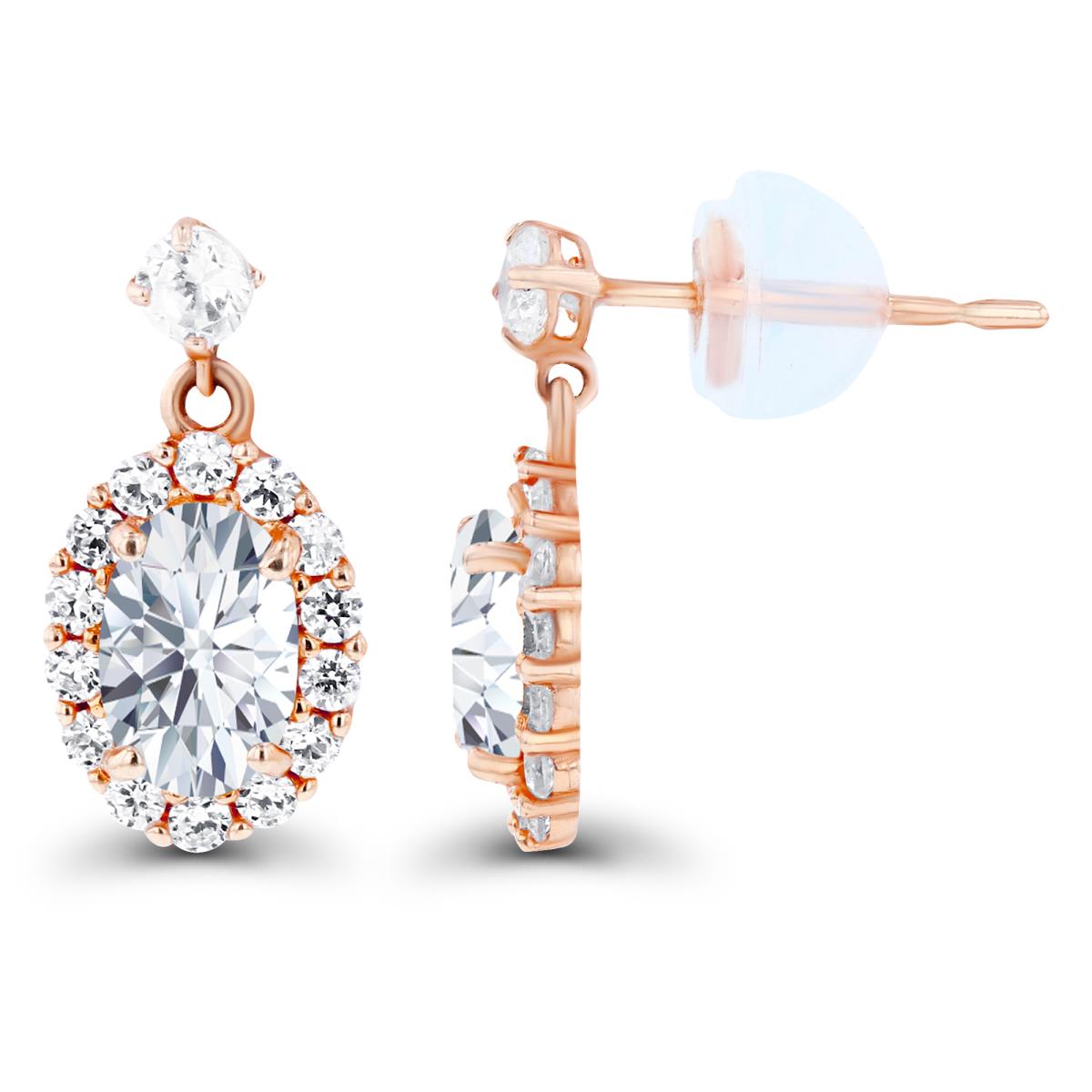 14K Rose Gold 6x4mm Oval & Round Created White Sapphire Halo Dangling Earring with Silicone Back