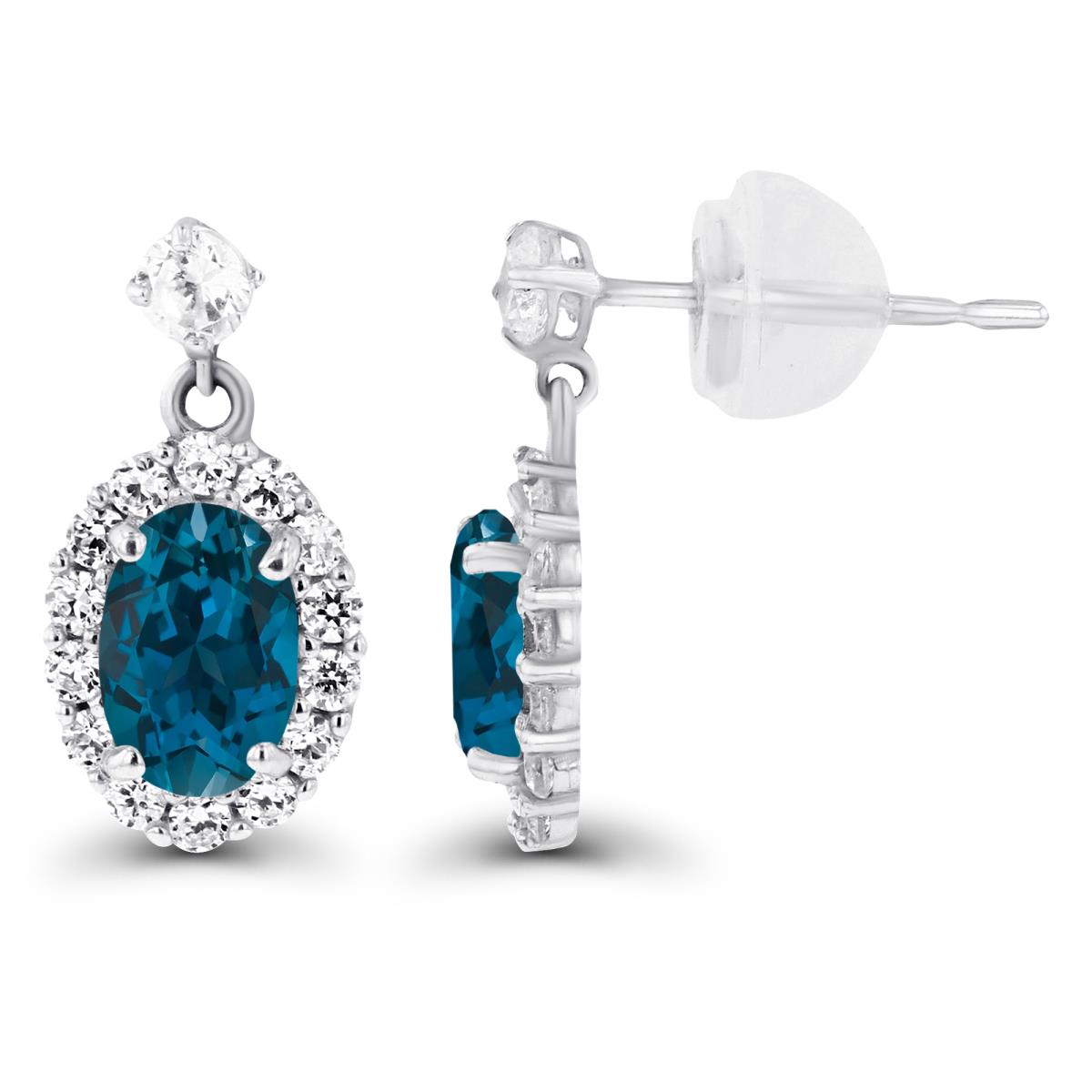 14K White Gold 6x4mm Oval London Blue Topaz & Created White Sapphire Halo Dangling Earring with Silicone Back