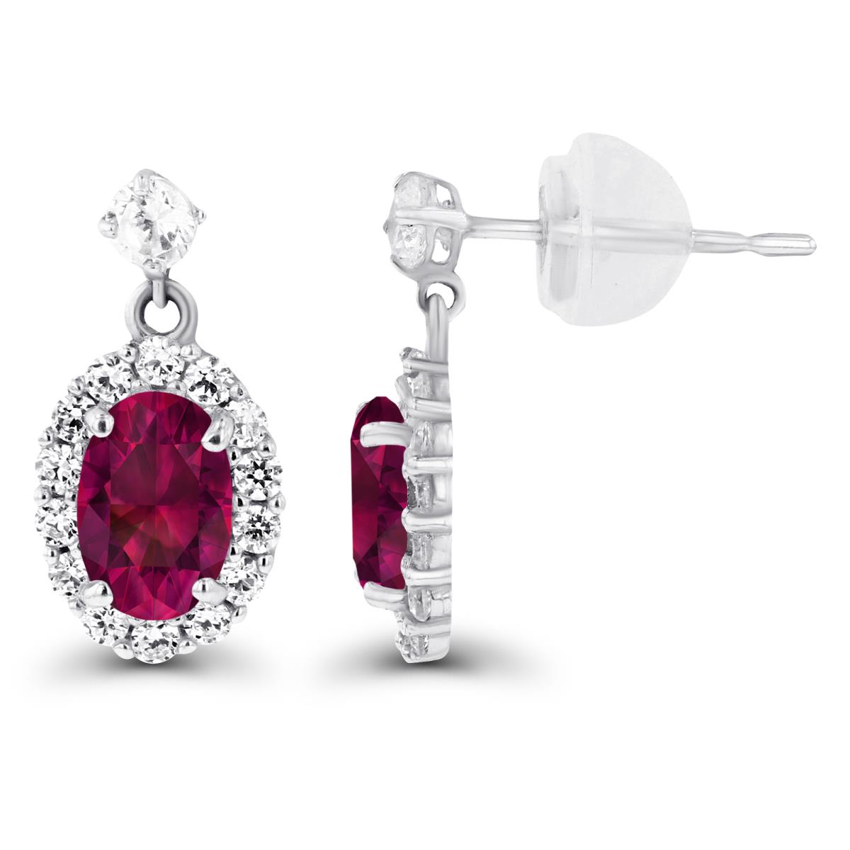 14K White Gold 6x4mm Oval Created Ruby & Created White Sapphire Halo Dangling Earring with Silicone Back
