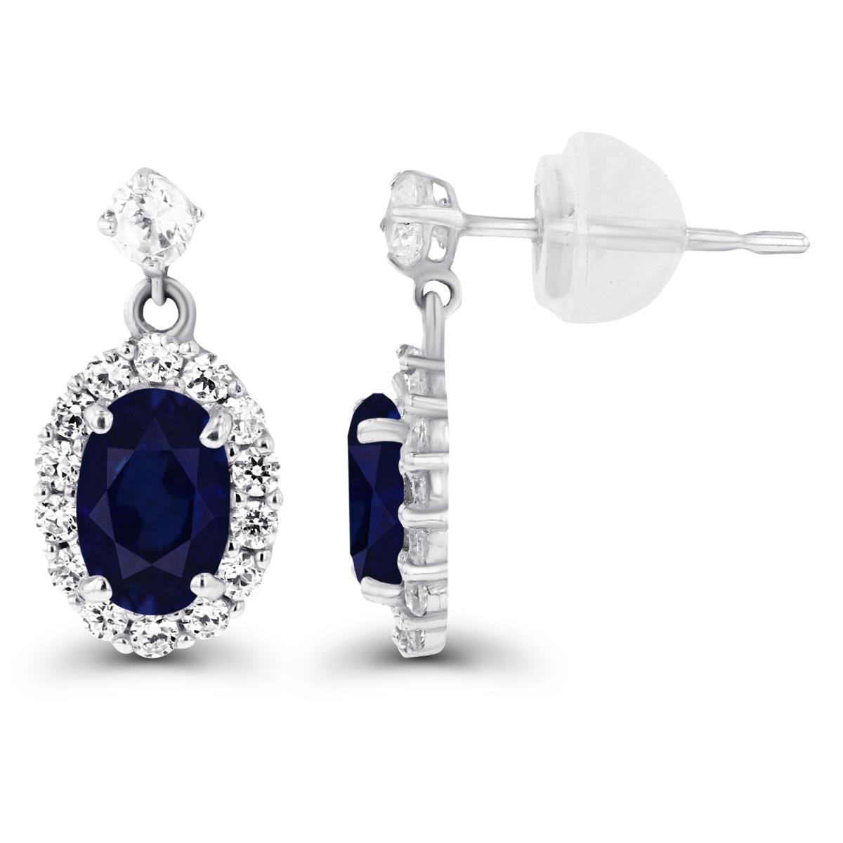 14K White Gold 6x4mm Oval Sapphire & Created White Sapphire Halo Dangling Earring with Silicone Back