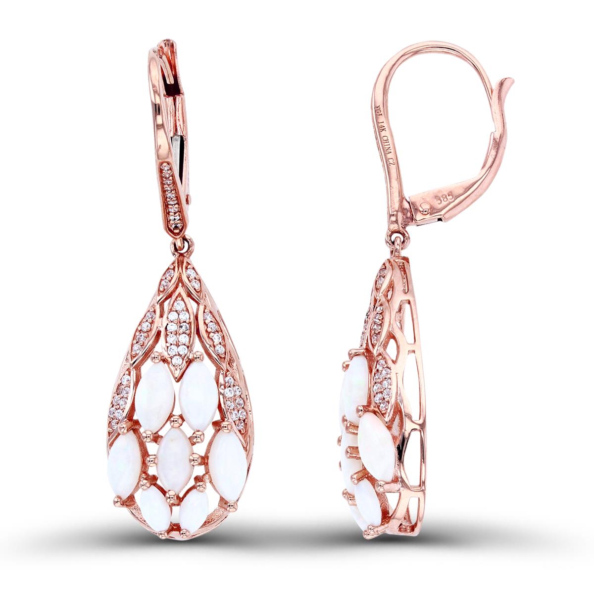 14K Rose Gold 0.282 cttw Rnd Diamonds & 6x3mm/4x2mm MQ Opal Dangling PS-shape Earrings