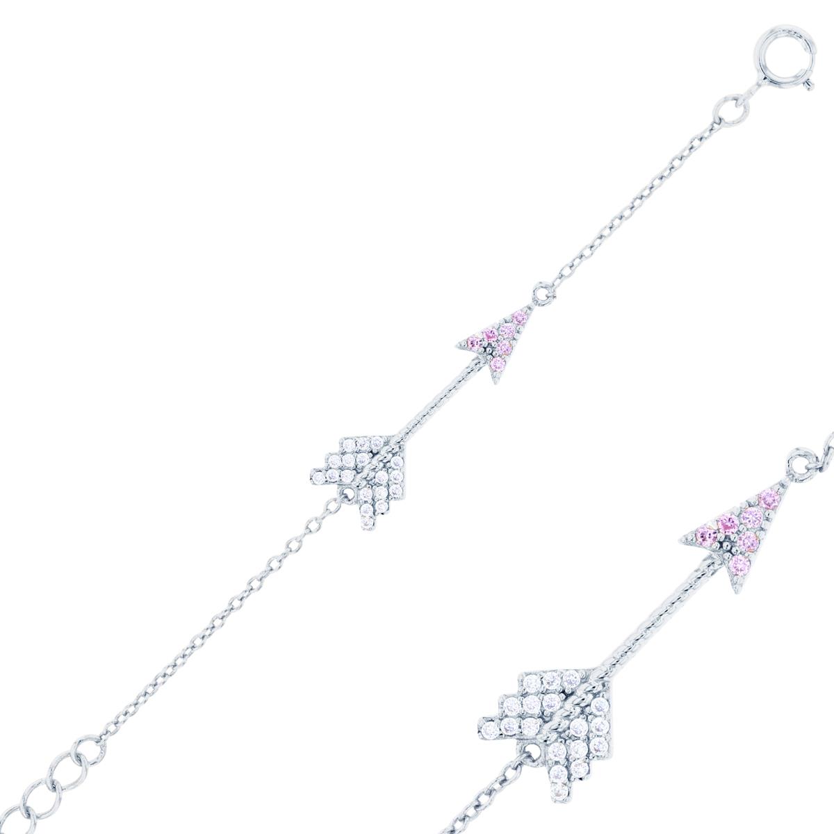 Sterling Silver Rhodium Rnd Pink/White CZ Arrow 6.5+1"Chained Bracelet