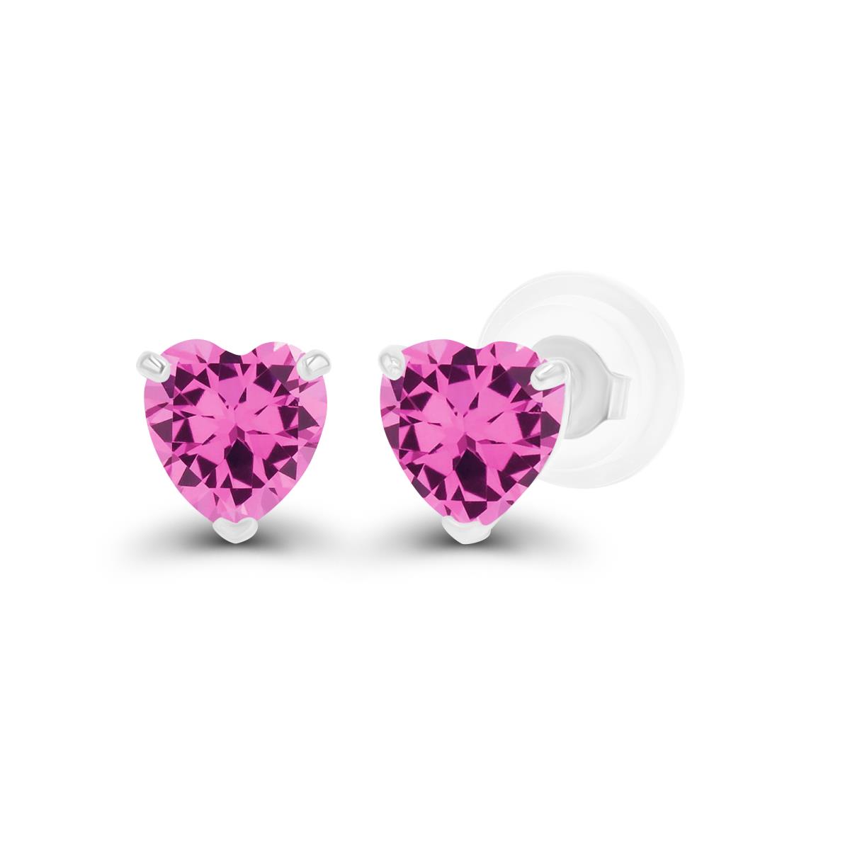 14K White Gold 4mm Heart Created Pink Sapphire Stud Earring with Silicone Back