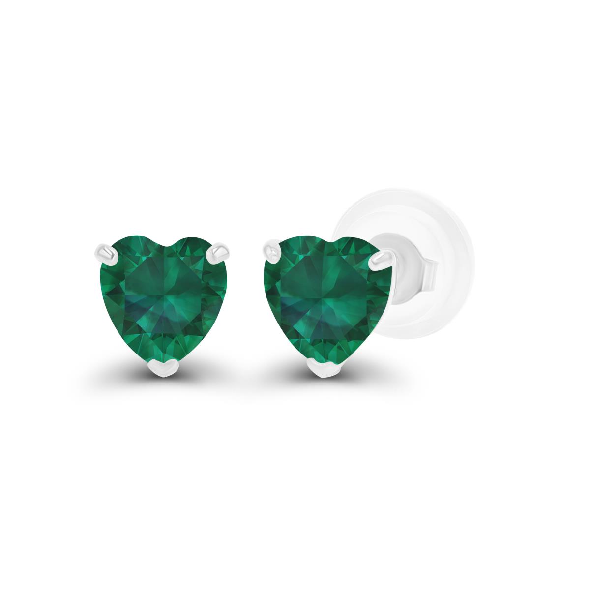 14K White Gold 4mm Heart Created Emerald Stud Earring with Silicone Back