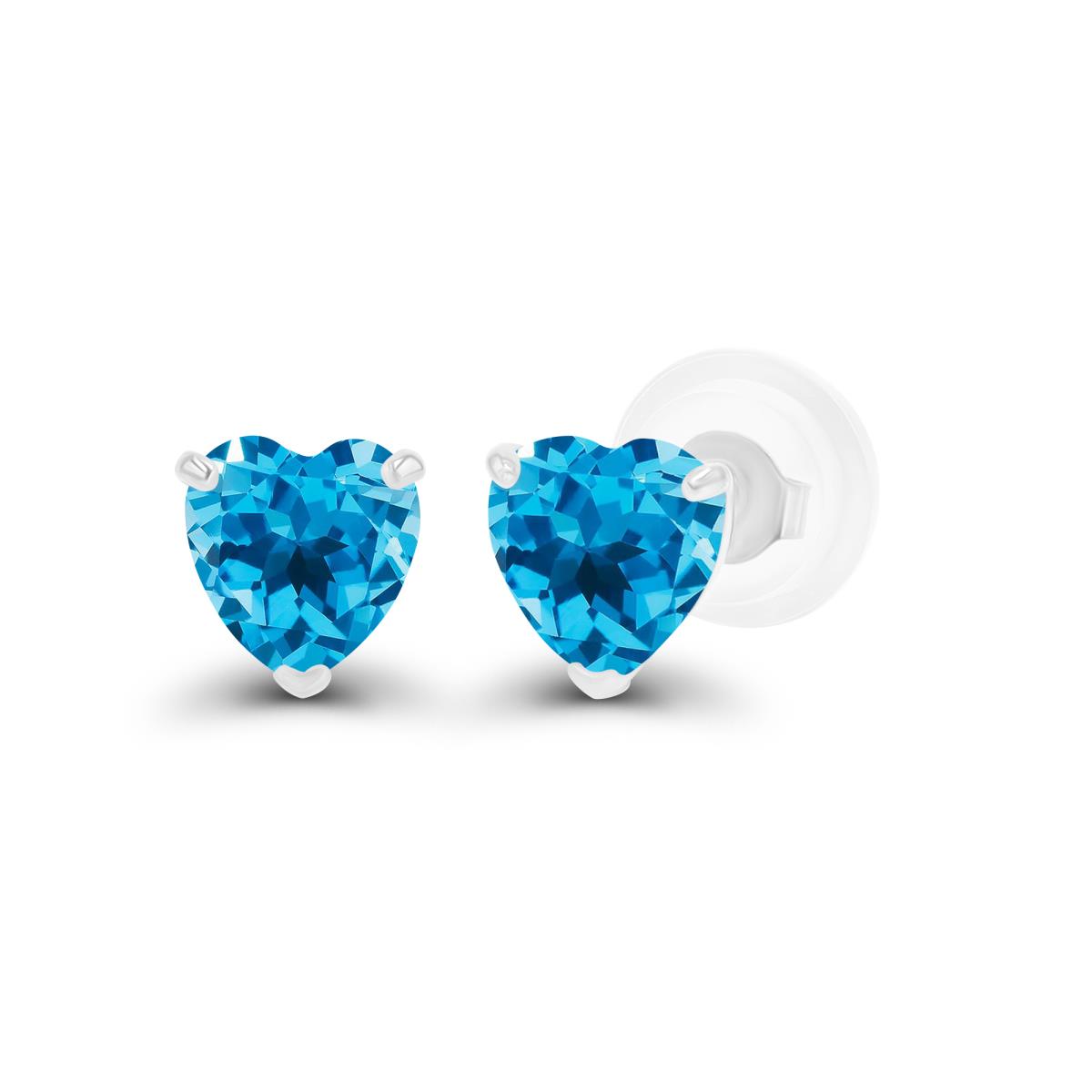 14K White Gold 4mm Heart Swiss Blue Topaz Stud Earring with Silicone Back