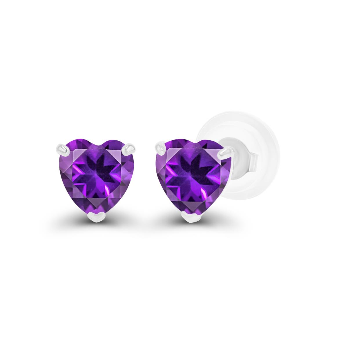 Sterling Silver Rhodium 4mm Heart Amethyst Stud Earring with Silicone Back