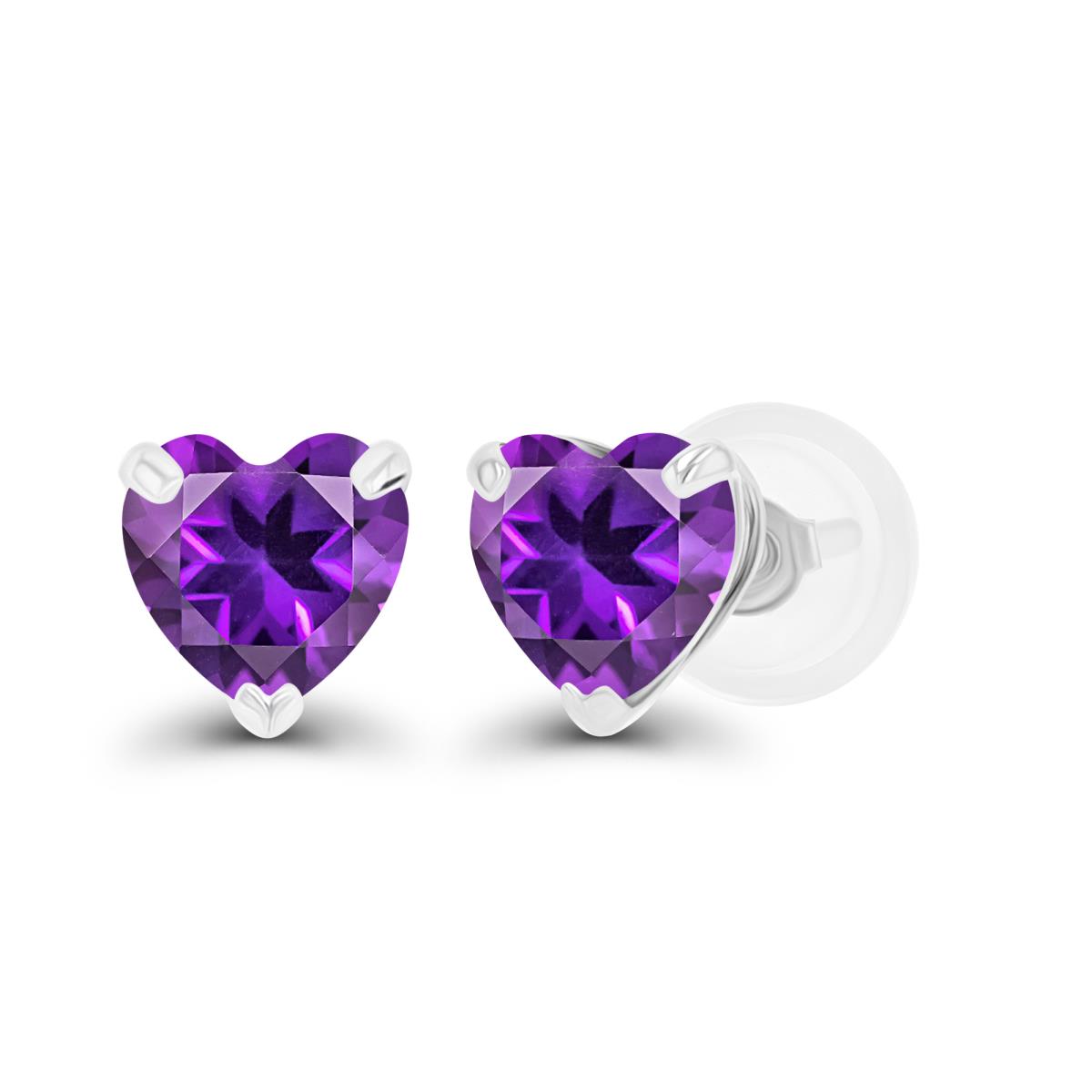 Sterling Silver Rhodium 5mm Heart Amethyst Stud Earring with Silicone Back