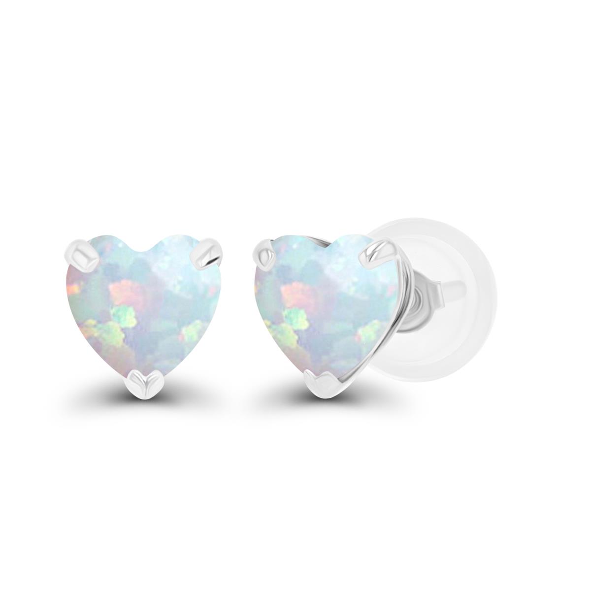 Sterling Silver Rhodium 5mm Heart Created Opal Stud Earring with Silicone Back
