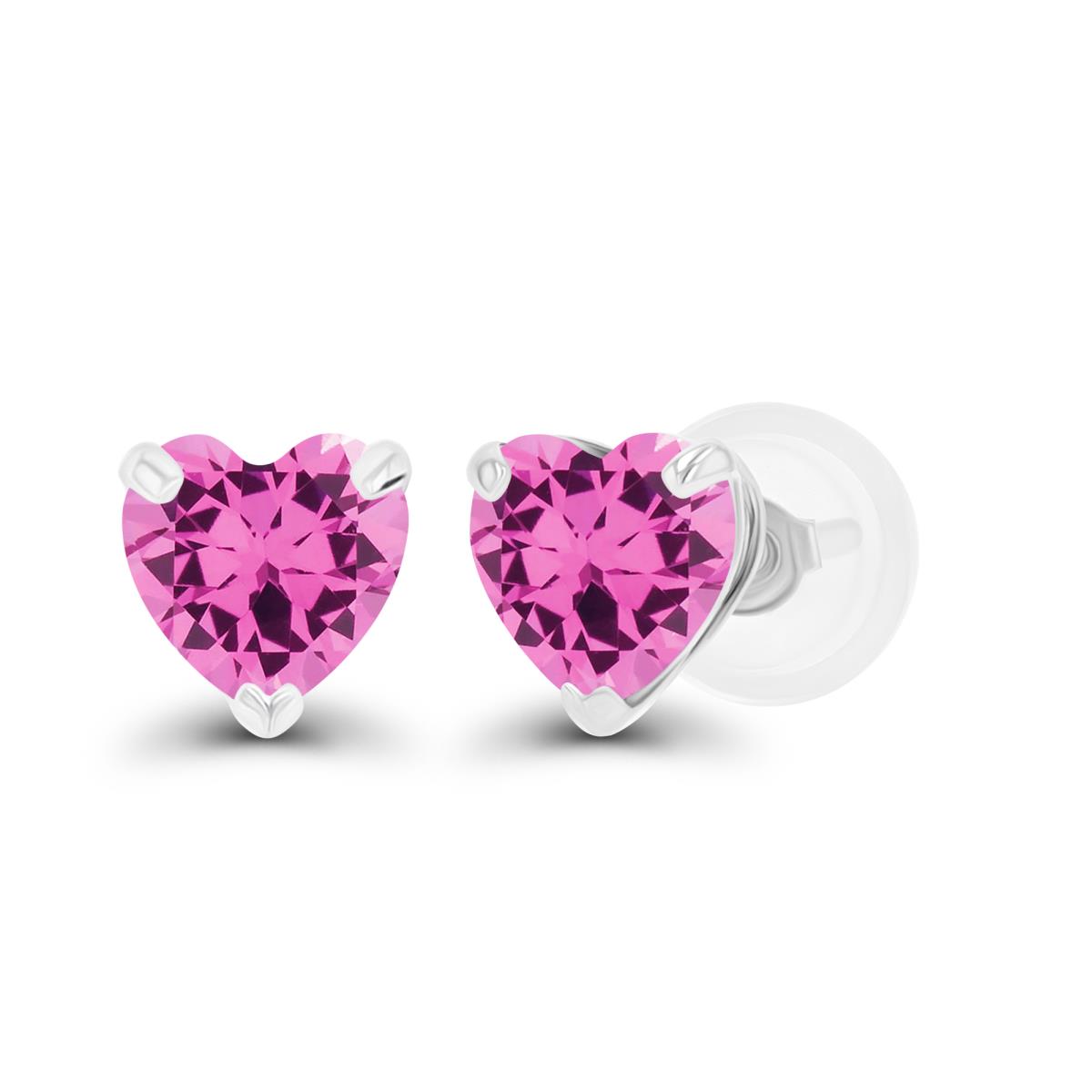 Sterling Silver Rhodium 5mm Heart Created Pink Sapphire Stud Earring with Silicone Back
