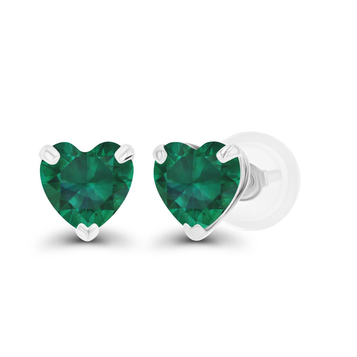 Sterling Silver Rhodium 5mm Heart Created Emerald Stud Earring with Silicone Back