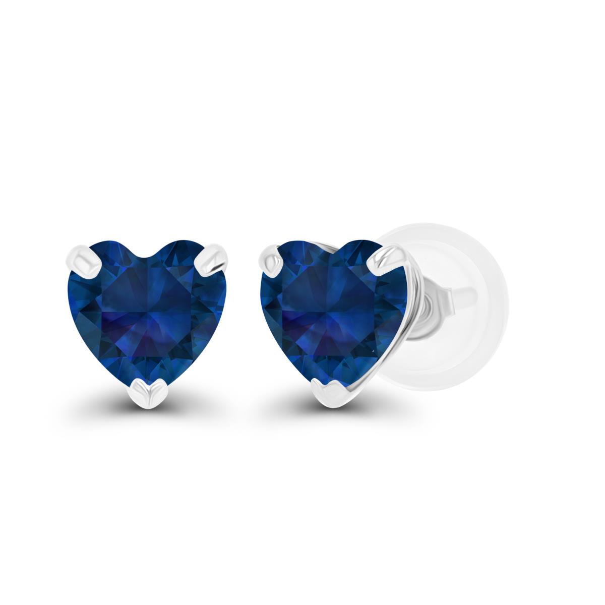 Sterling Silver Rhodium 5mm Heart Created Blue Sapphire Stud Earring with Silicone Back