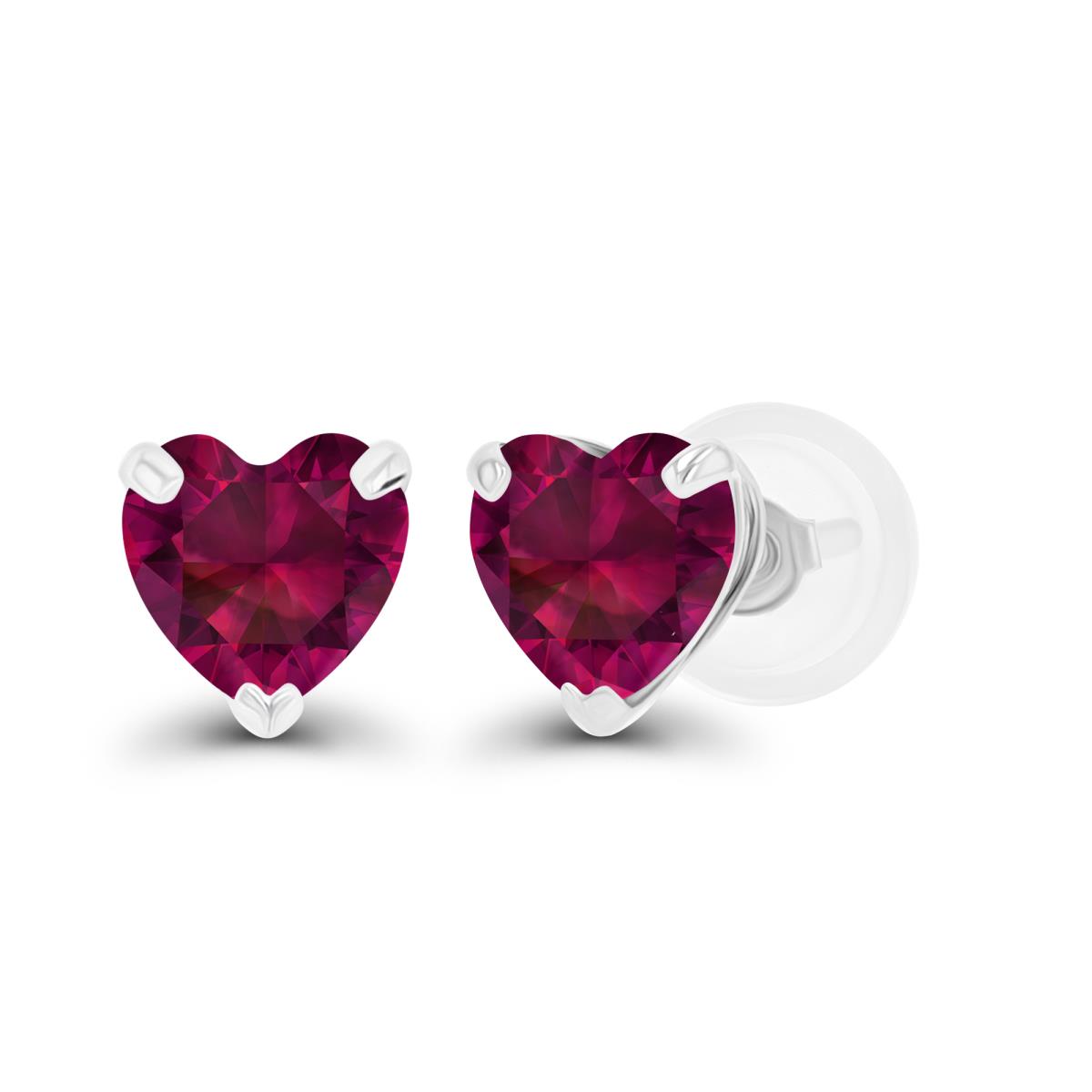Sterling Silver Rhodium 5mm Heart Created Ruby Stud Earring with Silicone Back