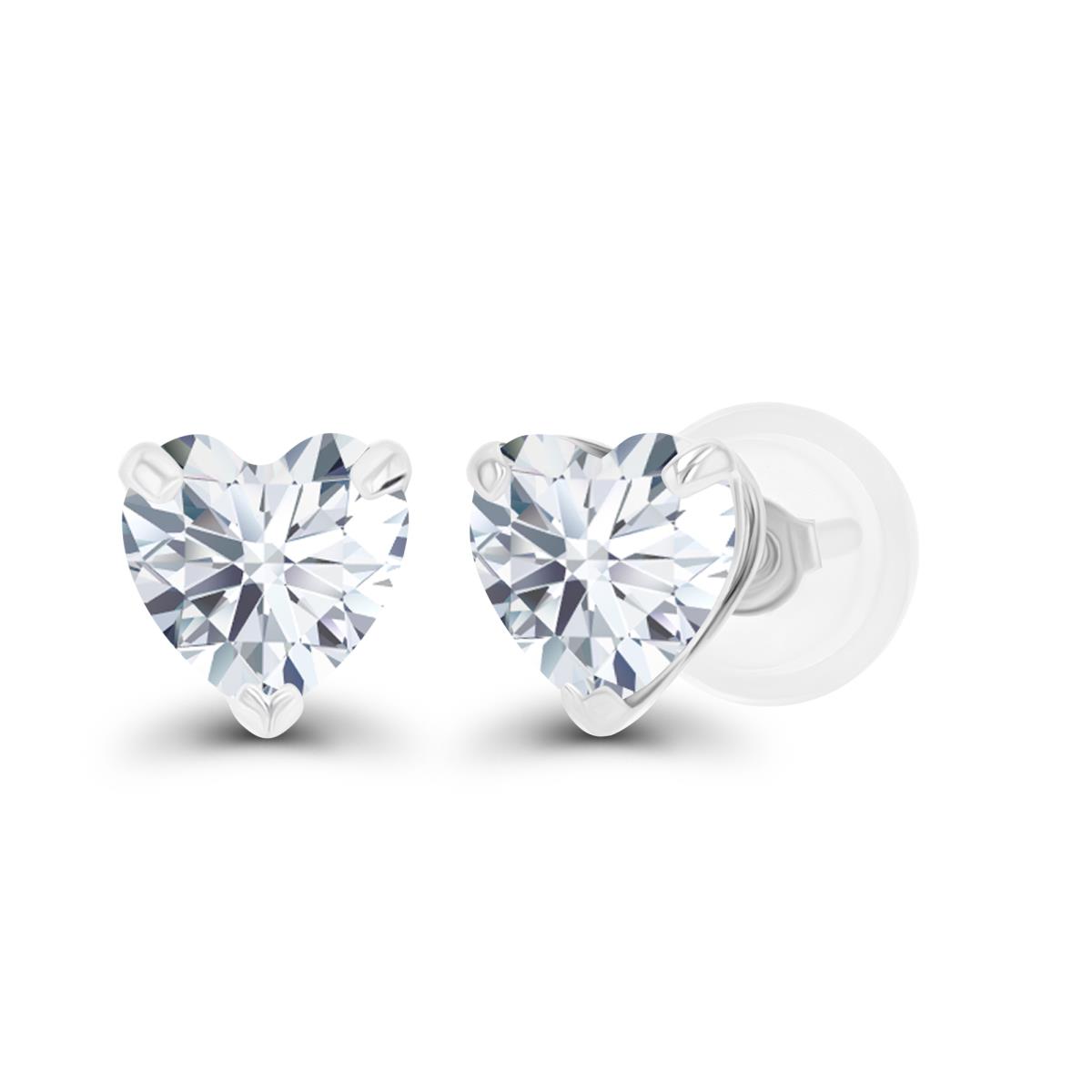 Sterling Silver Rhodium 5mm Heart Created White Sapphire Stud Earring with Silicone Back