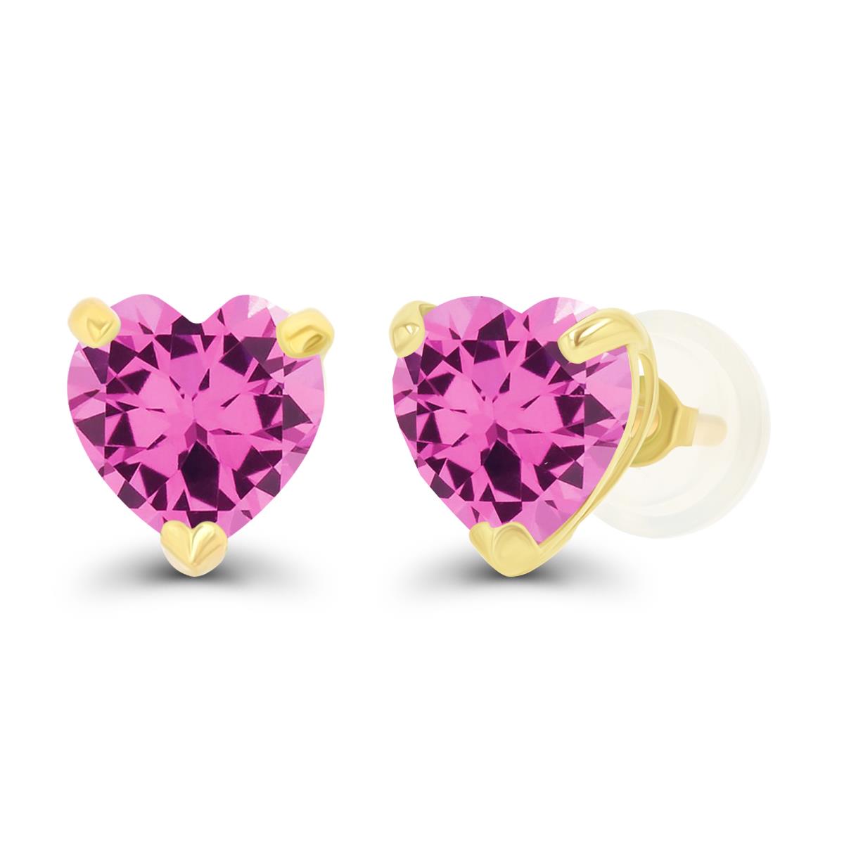 14K Yellow Gold 6mm Heart Created Pink Sapphire Stud Earring with Silicone Back
