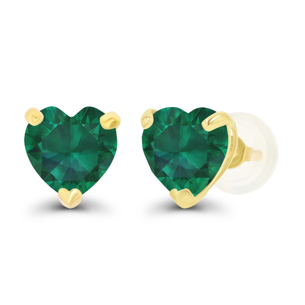 14K Yellow Gold 6mm Heart Created Emerald Stud Earring with Silicone Back